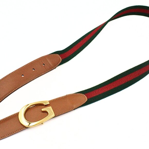 Iconic Authentic Gucci Green Red Classic Fabric Leather Vintage G Buckle Belt main image 7